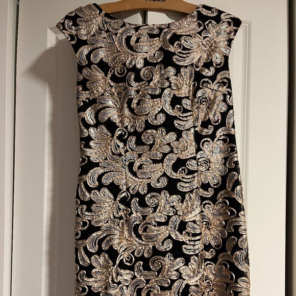 Betsy & Adam Black with Gold Ribbon and Sequin Embellished Sheath Dress - Picture 4 of 5